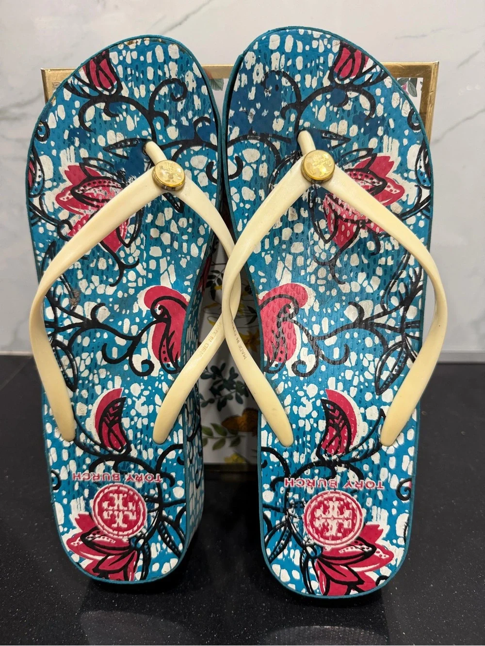 Tory Burch Teal Floral Flip Flops with Cream Straps
